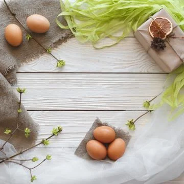 Springtime Easter composition on a white wooden background. Card. View from Stock Photos