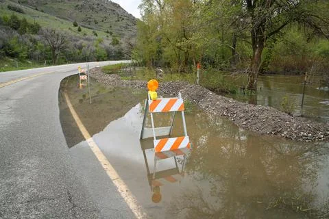 Springtime flood on paved road Stock Photos