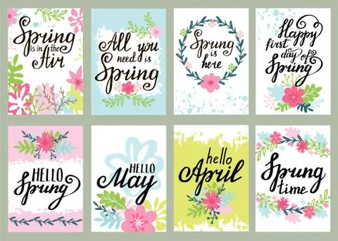 Springtime floral greeting card vector set with spring quotes Stock Illustration