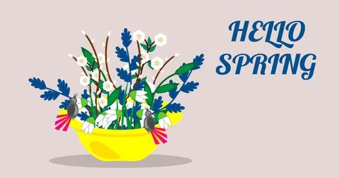 Springtime flowers in yellow hat composition for invitation and greetings Stock Illustration