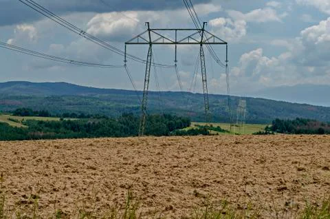 Springtime forest with glade and General electric power transmission line Stock Photos