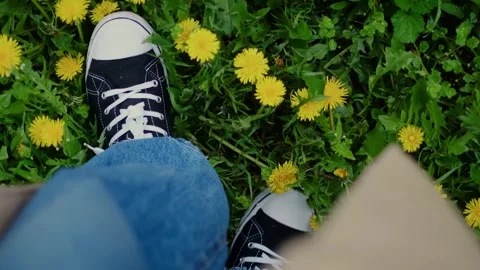 Springtime green meadow, legs standing on lush grass, flower-strewn field. Earth Stock Footage 270541251