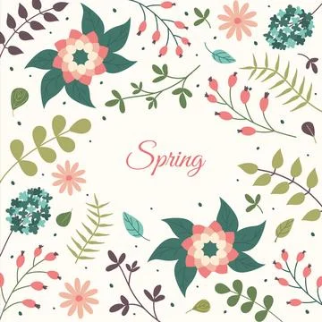 Springtime greeting card with Hand drawn Flowers and leaves. Hello Spring f.. Stock Illustration