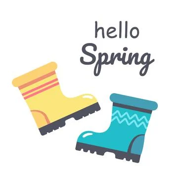 Springtime hand drawn prints design. Pairs of different rubber boots. Happy Stock Illustration