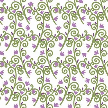 Springtime pattern with purple flowers and swirly green leaves Stock Illustration