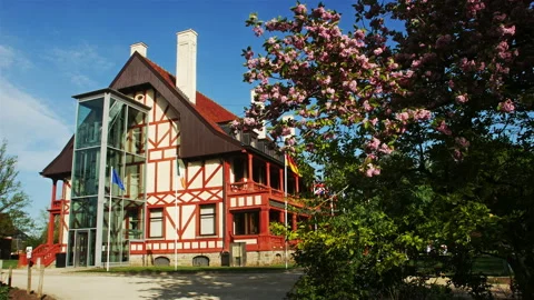 Springtime scenery in Belgium :  Memorial Museum Passchendaele 1917 dolly shot Stock Footage 106948305