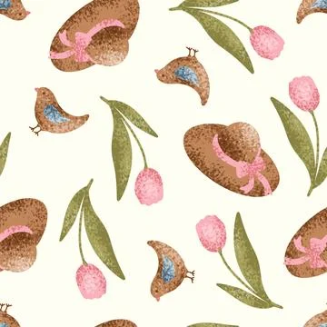 Springtime seamless pattern tulip hat and birds, flowers pastel color background Stock Illustration