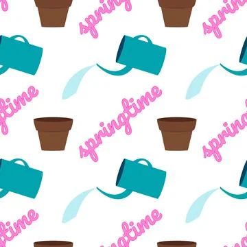 Springtime Seamless Pattern with Watering Cans and Flower Pots Stock Illustration