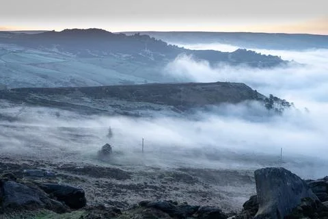 Springtime sunrise cloud inversion, and mist at The Roaches, Staffordshire Stock Photos