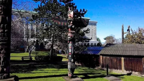 Springtime in Thunderbird totem poles park aerial video 1. 스톡 동영상 88164514