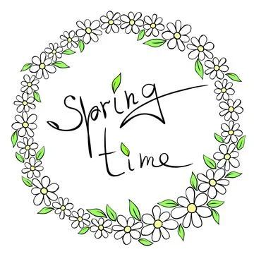 Springtime - vector handwritten inscription in circle frame, border, wreath f Illustrazione stock