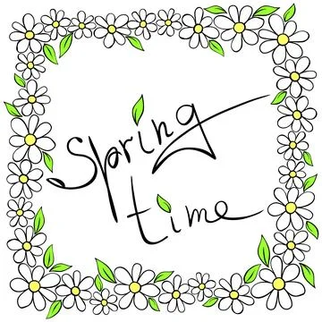 Springtime - vector handwritten inscription in square frame, border, wreath.. Illustrazione stock
