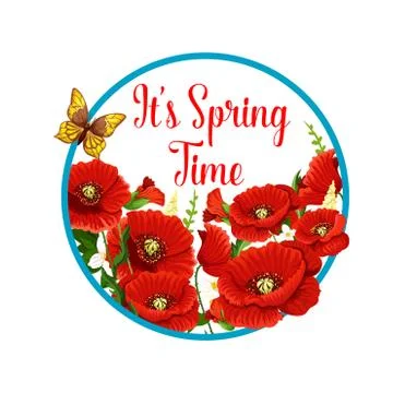 Springtime vector icon of poppy flowers bloom Stock Illustration