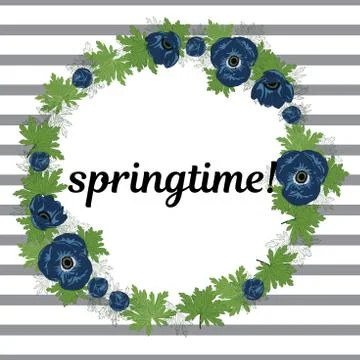 Springtime vector illustration. Floral round frame made of anemone flowers on Stock Illustration