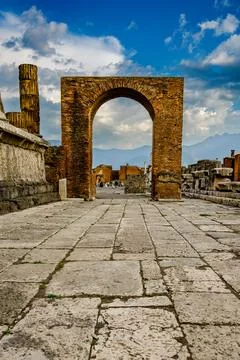 Springtime View of Ancient Pompeii Arch After Rain Stock Photos