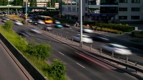 Springtime Warsaw Traffic Flow: Cloudy Sky Daytime Timelapse Stock Footage 279142172