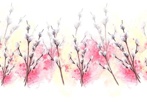 Springtime of willow tree on background of watercolor stains seamless border Illustrazione stock