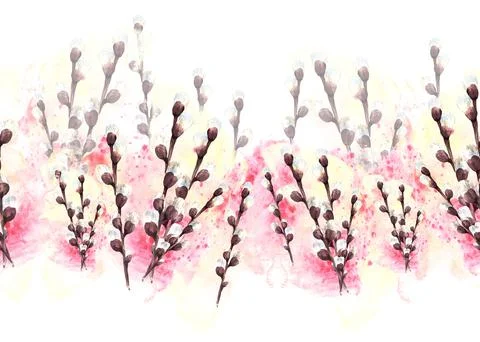 Springtime of willow tree on background of watercolor stains seamless border Stock Illustration