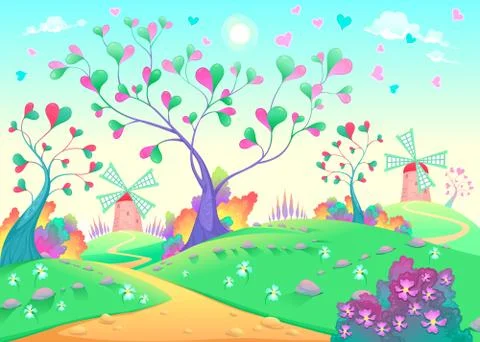 Springy landscape with windmills Stock Illustration