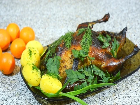 Sprinkle with dill, roasted duck on a platter with potatoes and greens Stock Footage 72717217