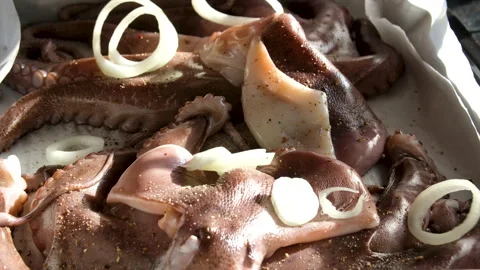 Sprinkle octopus with onions Rotating Loop spin top view Mama noodle salad with Stock Footage 302093087