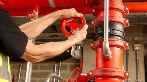 Sprinkler engineer operating a red rotary valve handle to isolate 写真素材
