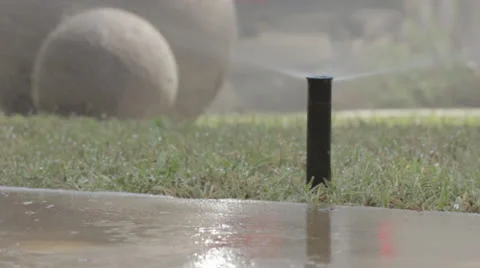 Sprinkler head pops up to water lawn Stock Footage