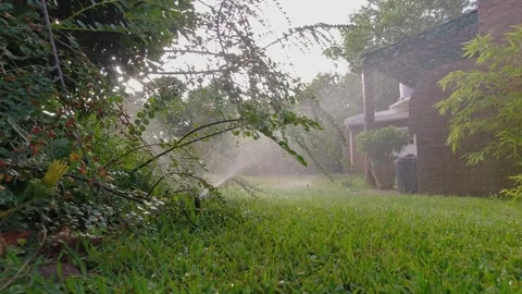Sprinkler irrigation nozzle among the vegetation spraying water on the grass Stock Footage 252399341