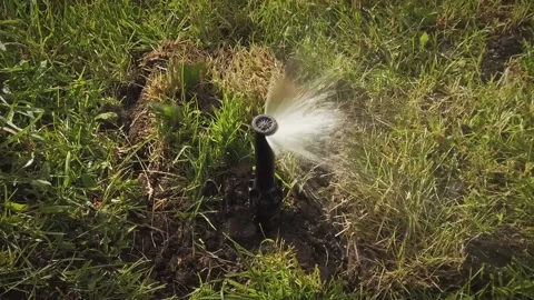 Sprinkler system. Automatic sprinkler spreading the splashing water, smart Stock Footage 198373950