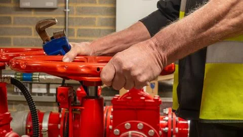 Sprinkler system service engineer operating a red flow valve with a wrench Foto stock