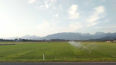 Sprinklers irrigating a large grass field. Stock Footage 141289367