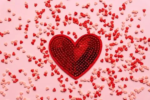 Sprinkles background, sugar sprinkle red hearts, decoration for cake and ba.. Stock Photos