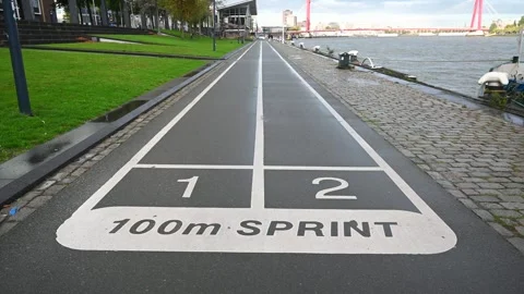 Sprint training track with numbers.  Starting positions for running. Stock Footage 308471231