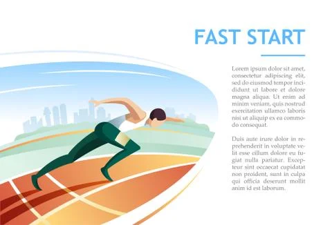 Sprinter fast start on racetrack against city background. Modern vector Stock Illustration