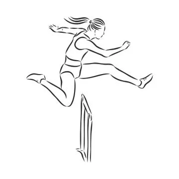A sprinter leaping over a hurdle in a hurdle race. Hand drawn vector illustra Stock Illustration