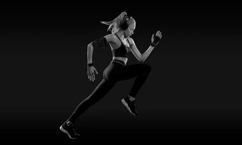 Sprinter run. Strong athletic woman running on black background wearing in the Stock Photos