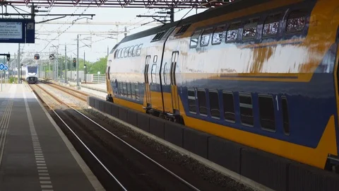 Sprinter train Arriving at Lelystad Centrum train station Stock Footage 111346534