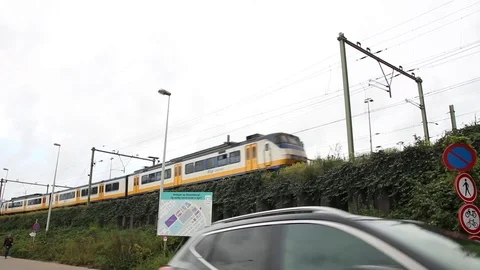 Sprinter train riding over Amsterdam bridge 動画素材 117436512
