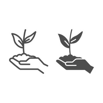 Sprout in hand line and solid icon, care nature concept, Hand holding seedling Stockillustratie