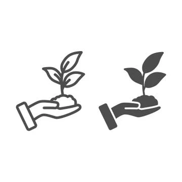 Sprout in hand line and solid icon, care nature concept, hand and seedling in Illustration
