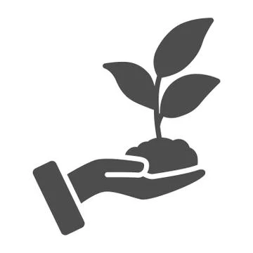 Sprout in hand solid icon, care nature concept, hand and seedling in soil sign Illustration