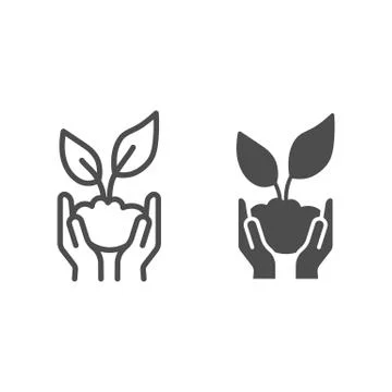 Sprout in hands line and solid icon, ecology concept, Hands holding seedling Stockillustratie