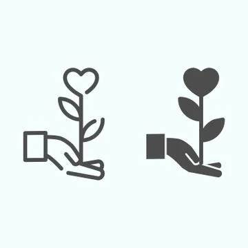 Sprout heart line and solid icon. Flower with heart on a hand vector Stock Illustration