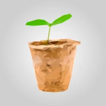 Sprout in a pot isolated on gray background. Geometric polygonal style. Triangle Stock Illustration