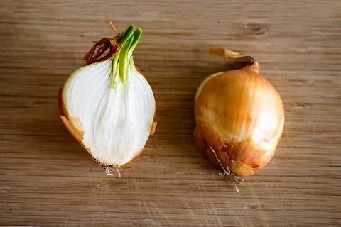 A sprouting bulb or common onion cut in half and lying on a wooden surface. T Stock Photos