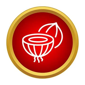 Sprouting coconut half and leaf in red circle icon Stock Illustration