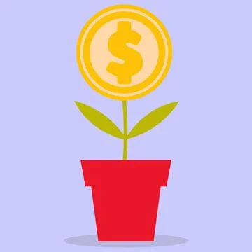 Sprouts of a money tree with a gold coin on top in a pot. Stock Illustration