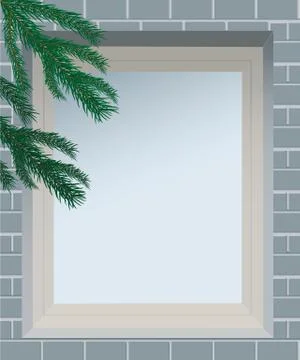 Spruce branches against the window in brick wall. Stock Illustration