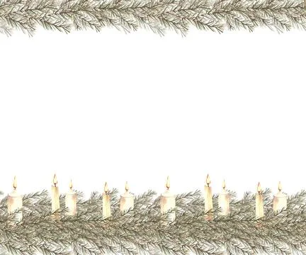 Spruce branches with burning white candles. Christmas banner. Watercolor hand Stock Illustration