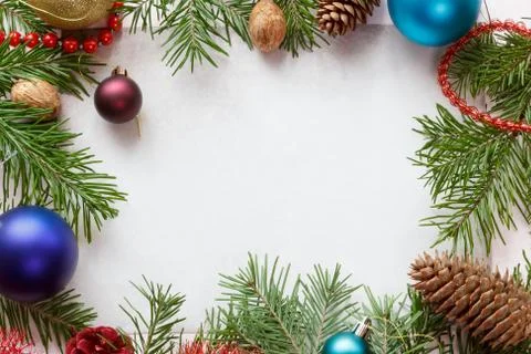 Spruce branches with Christmas decorations. Stock Photos